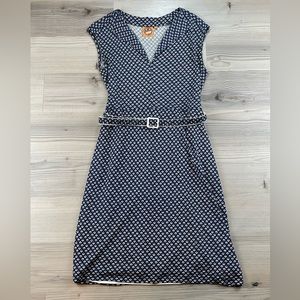 Tory Burch Size Navy Blue White Geometric Print Designer Belted Dress Size M